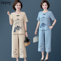 vsyoy 어머니 여름 면화 린넨 수트 외국 스타일 감소 연령 5060 세 중년 및 노인 여성 느슨한 반팔 티셔츠 재킷 투피스 세트