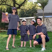 스트라이프 엄마딸커플룩 아빠아들커플룩 모녀 부자 가족 단체티 패밀리룩 반팔 빅사이즈 티셔츠