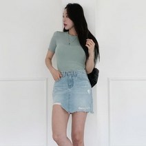바보사랑 여성 여름 게니드 웨이브 무지 반팔 티셔츠.디작소