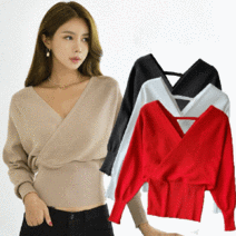 끌리시아 여성 브이넥 크로스 가오리 골지 스판 니트티 T03-3