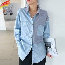 3040대 여성골프웨어 냉감 티셔츠 골프복 웨어 긴 데님 셔츠 블루와 스카이 블루 패치워크 스트라이프 셔츠 포켓 긴 소매 데님 셔츠 핫