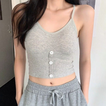 여성 기본 슬림 면 베이직 데일리 브이넥 봄 여름 가을 볼륨 업 뽕 브라 패드 튜브 단추 탑 내장 얇은 어깨 끈 통기성 케미솔 심리스 스트랩 민 소매 탑 크롭 티 캡 나시