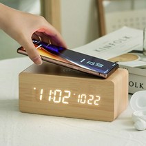 테스나 우드 무선충전 LED 데이트 탁상시계, 블랙