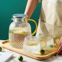 내열 유리 냉수 냉장고 대용량 가정용 주전자 스텐뚜껑, 물병 1500ml+컵 2개