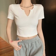 걸러쉬 브이넥 슬림핏 폴리 캐주얼 반팔 크롭티 3컬러 여성 티셔츠 코디