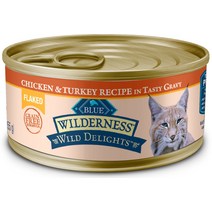 Blue Buffalo Wilderness Wild Delights 플레이크 치킨 칠면조 그레인 프리 고양이 사료 통조림, 3-oz case of 24