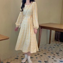 어블루문 잔꽃 옐로우 허리리본 롱원피스