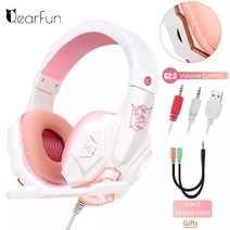 헤드셋 게이밍헤드셋 무선헤드셋 블루투스헤드셋 pc헤드셋 QearFun-PC 및 소녀용 핑크 헤드폰 PS4 윈도우 XP/7/8/10 노트북 전화용 마이크 게이머가 있는 게임용, [01] White Pink PC Laptop