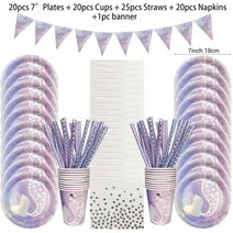 105086Pcs 인어 꼬리 일회용 식기 보라색 플레이트 컵 베이비 샤워 키즈 생일 파티 장식109958, A-86pcs set