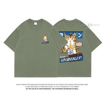 고양이 만화 그래픽 남성 티셔츠 캐주얼 배기 반팔 티셔츠 일본식 오버사이즈 티셔츠 남성 의류