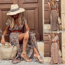 벨트포함 새로운 여성 롱 드레스 여름 v 목 Boho 벨트 맥시 드레스 숙녀 보헤미안 비치 휴일 Sundress 여성|Dresses|