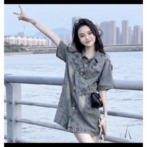 여름 디자인 비대칭 반팔 데님 스트레이트 스커트