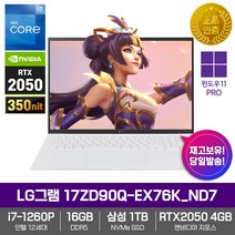 LG 그램 17ZD90Q-EX76K_ND7 [WIN11P/RTX2050/i7-1260P/DDR5 RAM 16GB/삼성NVMe1TB/WQXGA] 게이밍 학생용 인강용 휴대용 노트북, WIN11 Pro DSP, 16GB, 1TB, 코어i7, 스노우 화이트