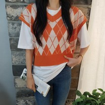 상상그이상 여성용 국내제작 다이아 니트조끼 20수 면티셔츠 코디세트 브이넥 배색 포인트 편하게 입을 수 있는 루즈핏 코디염려없는 이너 레이어드 조끼세트