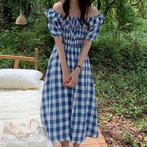 산뜻한 블루 컬러 오프 숄더 원피스 사각 체크 패턴 휴가 드레스 여성 여름 의류 여자옷