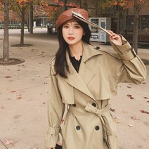 여성 바바리 허리벨트 트렌치코트 카키 트렌치녀 미디엄 키 작은 춘추 고급감양