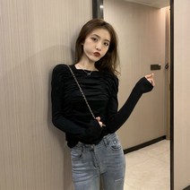 주름셔츠 숏맨투맨 여성 차오쿠 디자인감각 보이핏 볼륨 레쉬 상의 슬림핏 긴 소매 초 가을 2424542656, XL 블랙