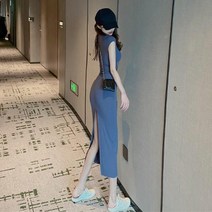 라운드넥 백슬릿 슬림핏 무지 롱 원피스 2color