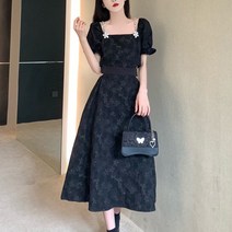 ROGBID 여름 여성 롱 퍼프소매 반팔 꽃무늬 스퀘어넥 원피스