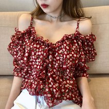오프숄더 셔링 끈나시 블라우스