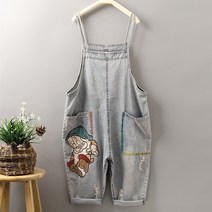 HQINT 캐릭터 자수 점프슈트 2019신상감령 와이드페인트 9부 멜빵바지 단무지