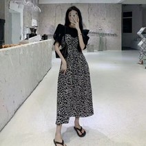 DFMEI 패치워크 라운드 페이크 두 벌 무릎넘는 원피스 여 여름 스트링 디자인 빈티지치마