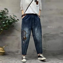 마마제이 하트 소녀 자수 스판 배기 청바지 중년여성 40 50대 엄마옷 밴딩 가을 겨울