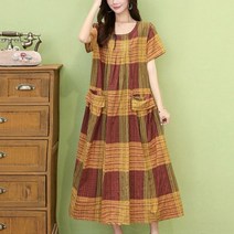 여성 린넨 원피스 롱 스커트 데님 빅싸이즈 비치웨어 정장 새로운 캐주얼 패션 여름 2022 반 소매 중반 느슨한 허리 O-Neck 가운 Femme 격자 무늬 드레스