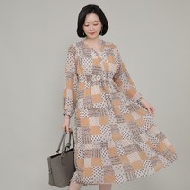 애비뉴투지 엄마옷 은은한 프린트 쉬폰 허리 스트링 봄 가을 긴팔 브이 롱 원피스 O09204 50대 60대