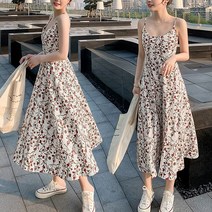 여자 예쁜 플라워 무늬 패턴 끈조절 나시 원피스 이지 룩 마트갈때편한옷 배색소매 여름