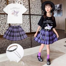 산리오 상하복 Kawaii Sanrio Kuromi 만화 여름 반팔 티셔츠 세트 귀여운 코튼 Y2K 트렌드 Jk 탑 플리티드 스커트