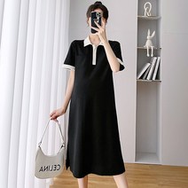 POMTOR 임부복 여름 패션 배색 카라넥 반팔 원피스 임부 스커트 여름 스커트