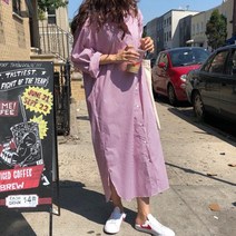 세컨핑크 여성 스트라이프 셔츠 남방 롱원피스