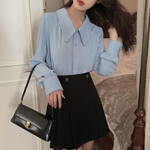 긴팔 이너셔츠 핑크 쉬폰 여성 와이드 루즈핏 소매 카라넥 상의 가을 프렌치 와이셔츠 이너티셔츠 2527729758