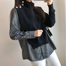 요시아나 [당일발송] 유니크 르플라 하이넥 금장단추 니트 레이어드 스트라이프 셔츠 -2컬러