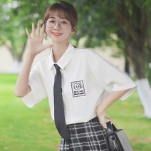 화이트블라우스 버카치 여름옷 JK 넥타이 여성 와이드 루즈핏 반팔 와이셔츠 이니셜 자수 상의 1476564413
