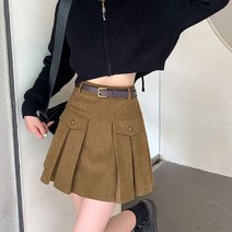 딜라이 여성 겨울 코듀로이 미니 플리츠 스커트 빅사이즈스커트 빈티지 스커트 포켓장식 허리띠 포함