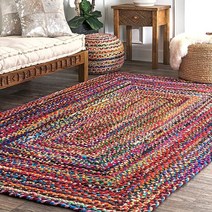 RAJRANG BRINGING RAJASTHAN TO YOU Small Circle 친디 황마 러그 브레이드 양면 면 부분 러그 멀티컬러 91.4cm(3피트) 원형