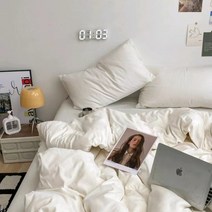 자취생 인스타 감성 단색 차렵 침구 풀세트 4종 레트로 빈티지 화이트 백색 이불 간절기 사계절