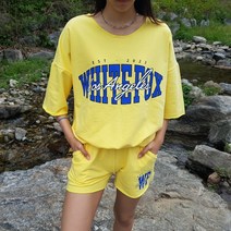 상상그이상 여성용 국내제작 더블유 반바지 트레이닝 세트 탄탄한 면소재 루즈한 라운드넥 빅 영문 레터링 가볍게 입기 좋은 편안한 세트 꾸안꾸룩