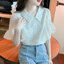 더블엠 여성 땡땡이 카라블라우스 빅사이즈 러플 윙소매 나팔