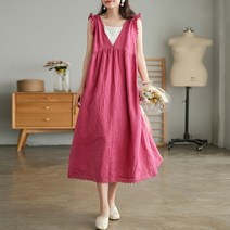 여성 johnature 빈티지 민소매 a 라인 v 넥 코튼 린넨 가운 원피스 205