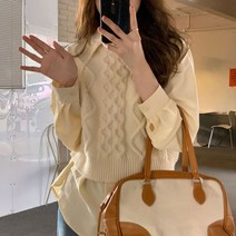 봄코디세트 크림 소프트계열 싱겁다 옐로우블라우스 여성 봄계절 겹겹이 입기 키치한 니트 조끼 룩 4432148948