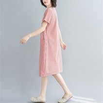 SJW 여름 여성 미디원피스 세로 스트라이프 라운드 루즈핏 투포켓 반팔원피스 치마 빅사이즈