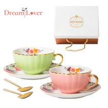 세라믹 커피잔 세트 티 컵 선물용 찻잔 세트 2인조, 핑크 라이트 그린, 201-300ml