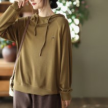 여성 후드 탑 자수 긴팔 맨투맨 풀오버 솔리드 스웨터