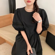 ANYOU 여성 패션 여름 라운드 패치 펀칭 후크 플라워 벌룬 소매 롱 주름 원피스