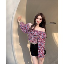 KORELAN 봄과 여름 일본식 달콤한 휴가 스타일 원 숄더 프릴 랜턴 소매 꽃 무늬 탑 디자인 감각 틈새 셔츠 여성