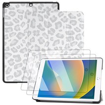 Deokke 아이패드 9세대/8세대/7세대 케이스(2021/2020/2019)와 호환 가능 액정보호필름 2개 및 하드 백 아이패드 10.2인치 케이스 자동 슬립/웨이크 커버-핑, Q12-White Leopard