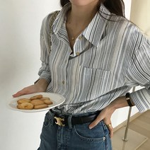 클래식 심플 올매치 스트라이프 코튼 린넨 카라넥 셔츠 973642